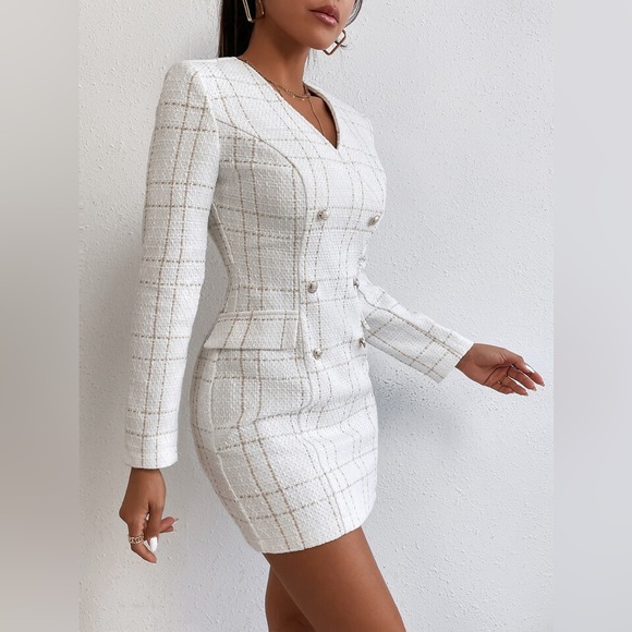 New  White Gold Tweed Dress Long Sleeve Ornamental Buttons Back Zip S - Picture 2 of 14